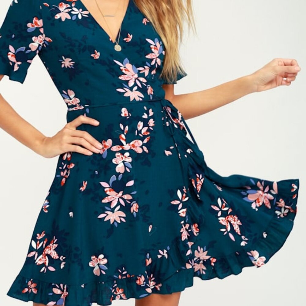 Lulus Dalton Teal Blue Floral Print Ruffled Wrap Dress - Size M